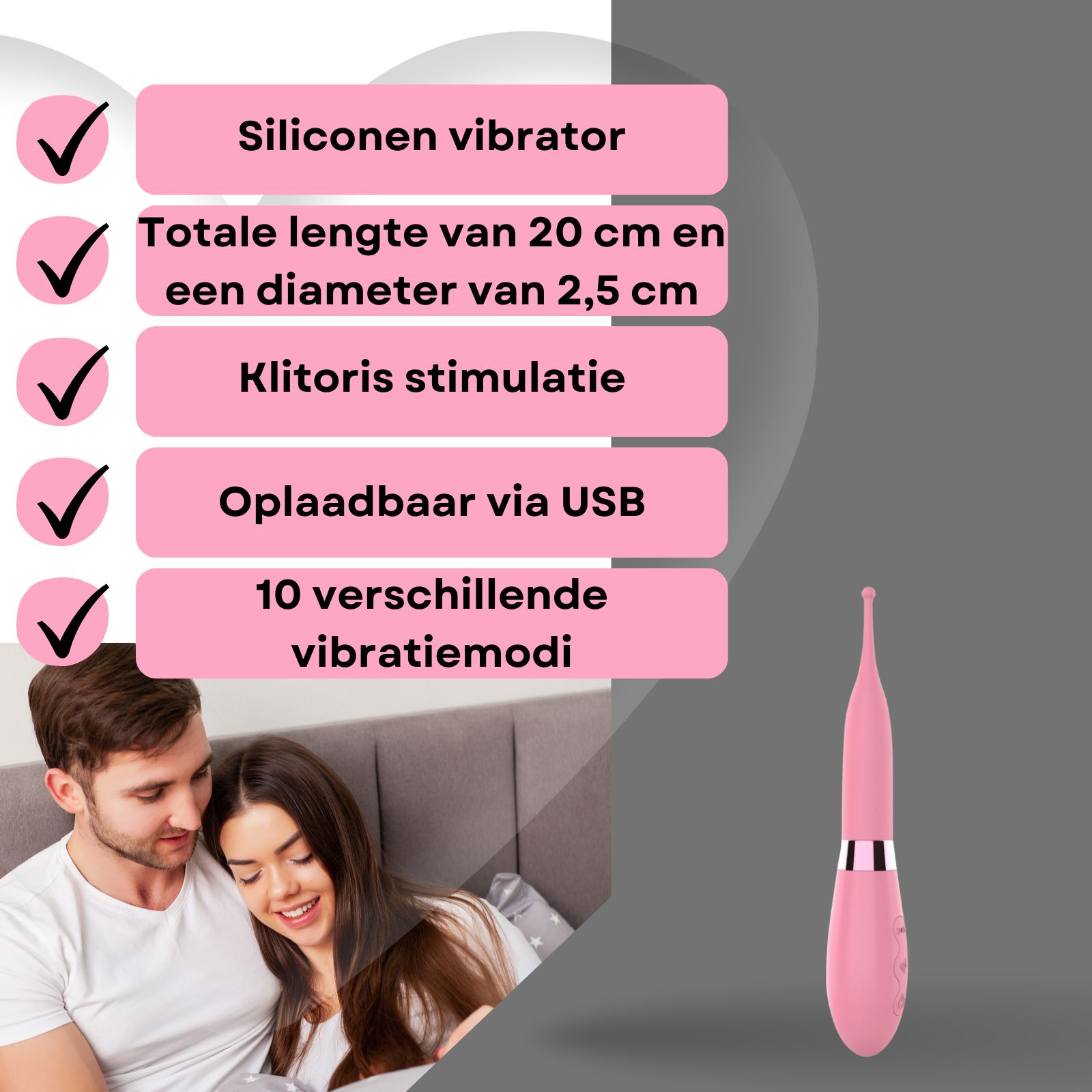Roze vibrator met stimulerende bal. Siliconen en ABS. 20cm lang, 2,5cm diameter. USB oplaadbaar. 10 standen.