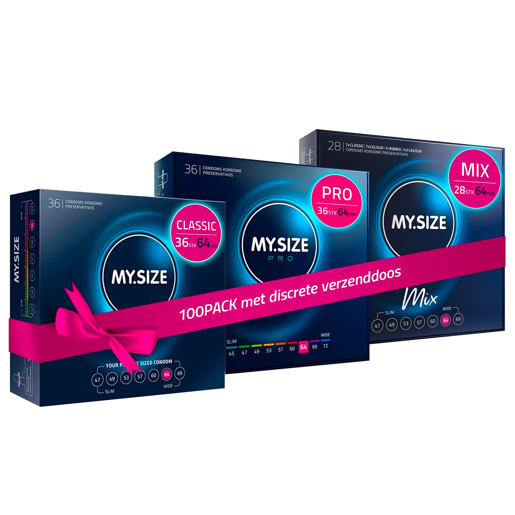 Drie dozen MY.SIZE condooms: Classic, Pro en Mix. 100-pack met discrete verzenddoos.
