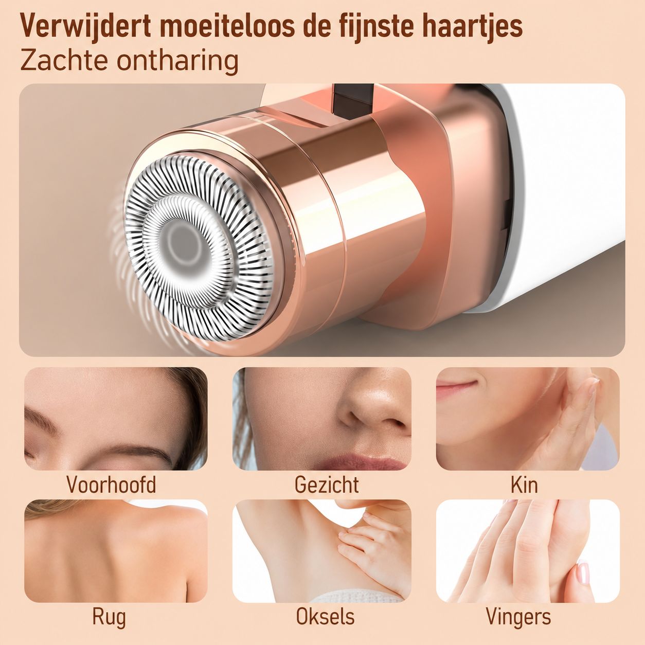 Een elektrische ontharingsapparaat met roterende mesjes en een roségouden behuizing.