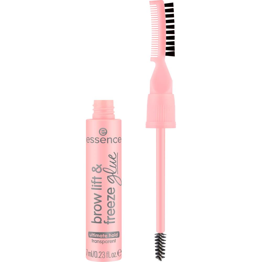 Tube rose avec texte noir et applicateur brosse/peigne. Nom du produit : brow lift & freeze glue. Gel transparent.