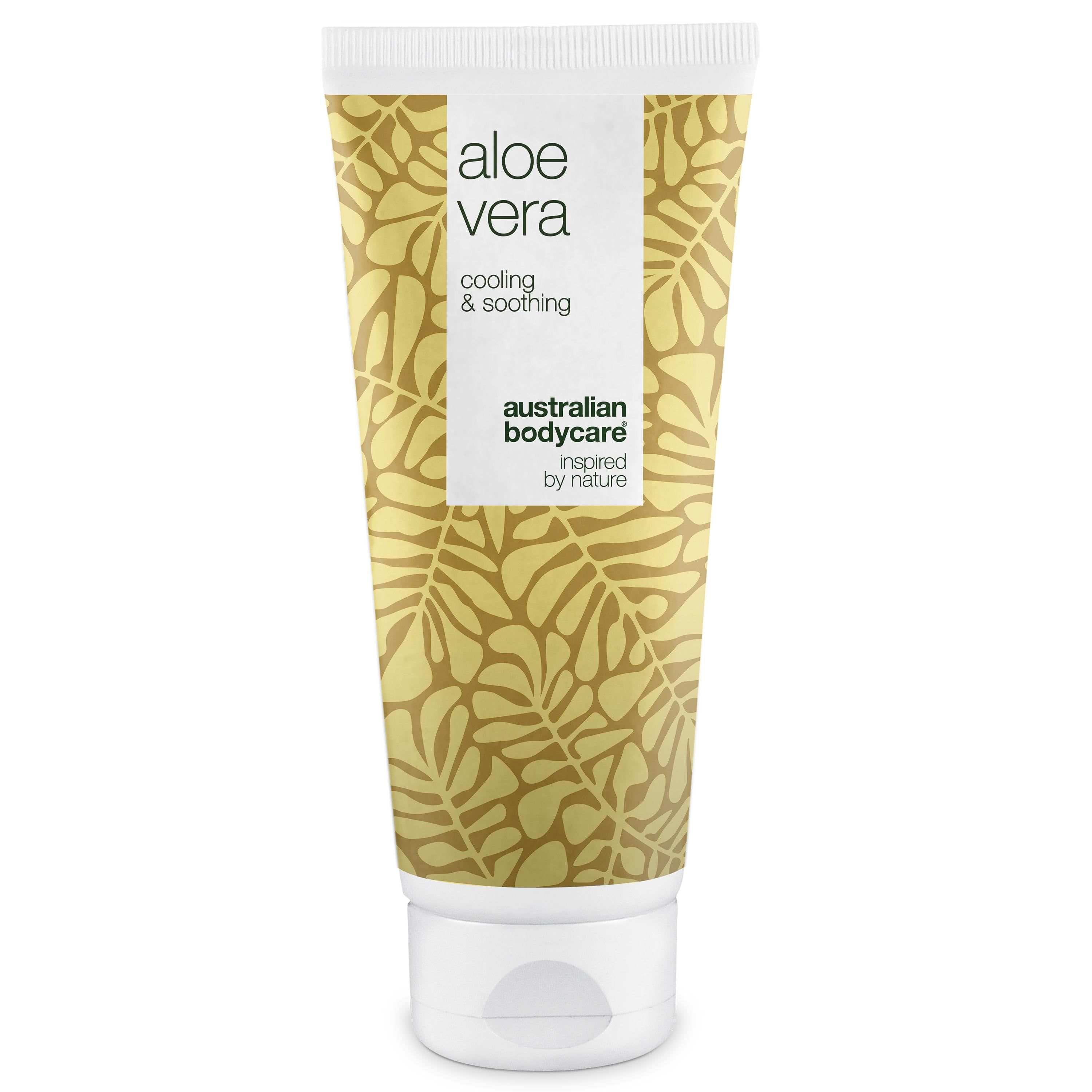 Tube de gel Aloe Vera. Bouchon blanc, motif jaune. Inscription : Aloe Vera, Cooling & Soothing, Australian Bodycare.