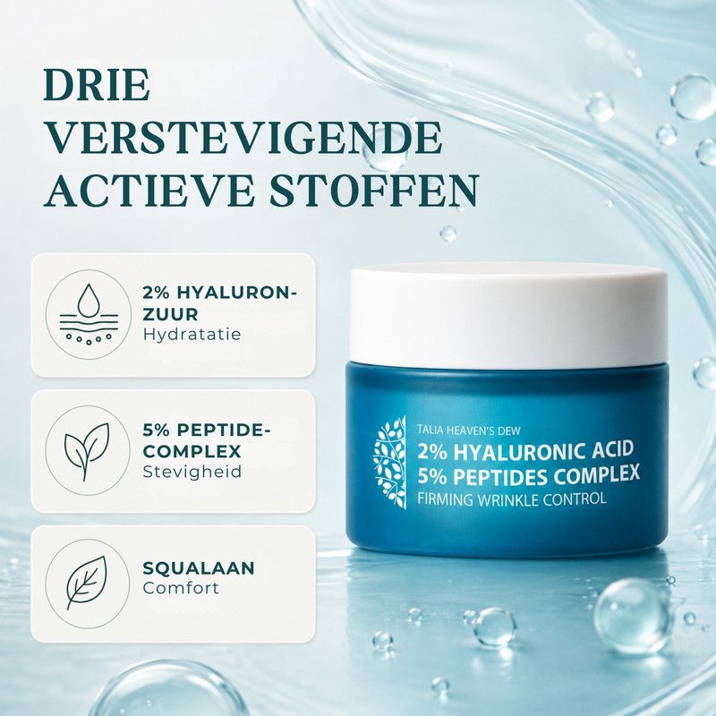 Een potje crème met hyaluronzuur en peptidecomplex, met vermelding van 50 ml.