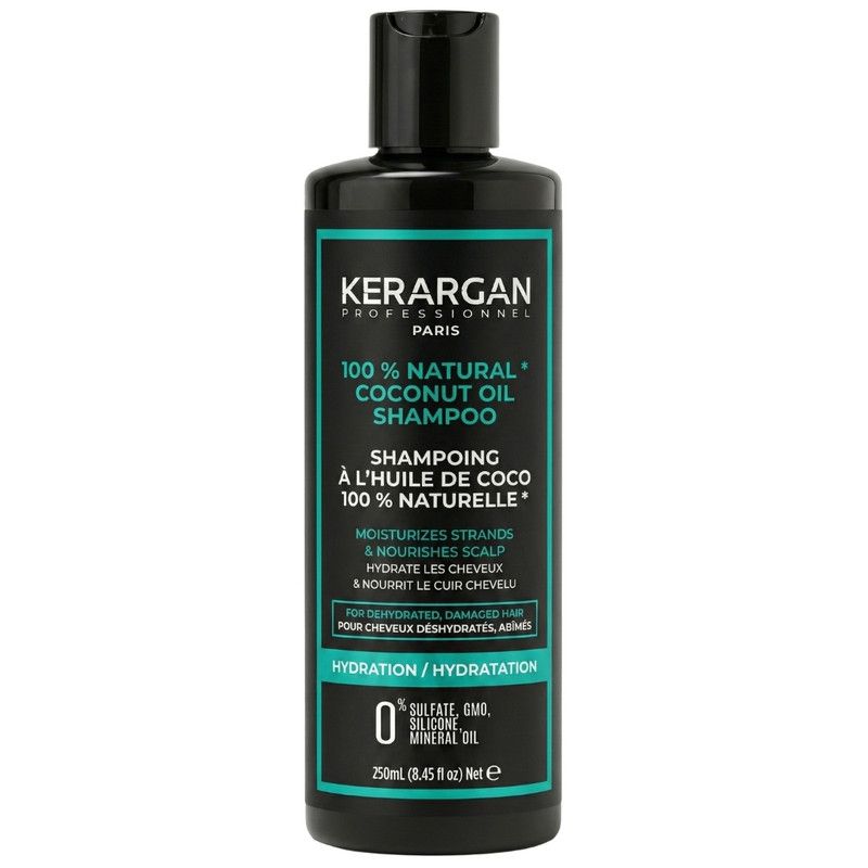 Flacon de shampooing noir avec bouchon noir. Inscription : Kerargan, 100% Natural Coconut Oil Shampoo. 250ml.
