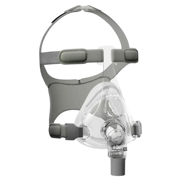 CPAP-masker met hoofdband en transparant kussen.