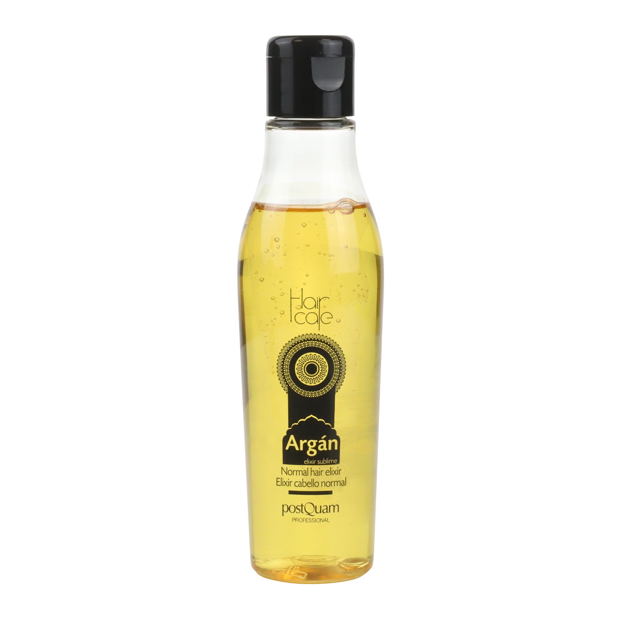 Flacon transparent avec bouchon noir. Étiquette avec nom du produit et logo. Liquide jaune.
