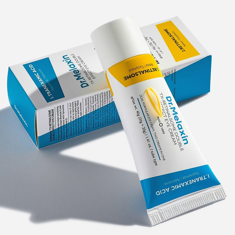 Een tube Dr. Melaxin TX Retinalsome oogcrème en de verpakking ervan, naast elkaar op een tafel.