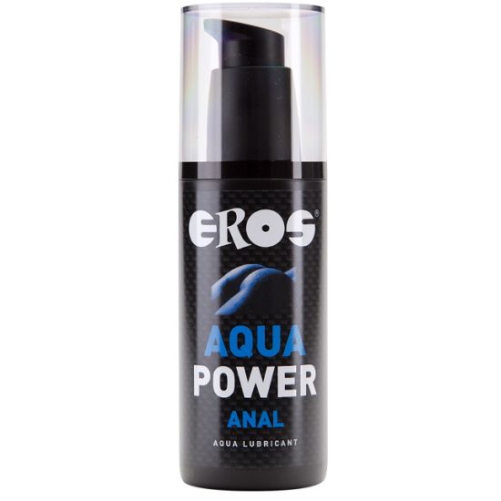 Lubrifiant anal Eros Aqua Power dans un flacon pompe noir avec capuchon transparent.