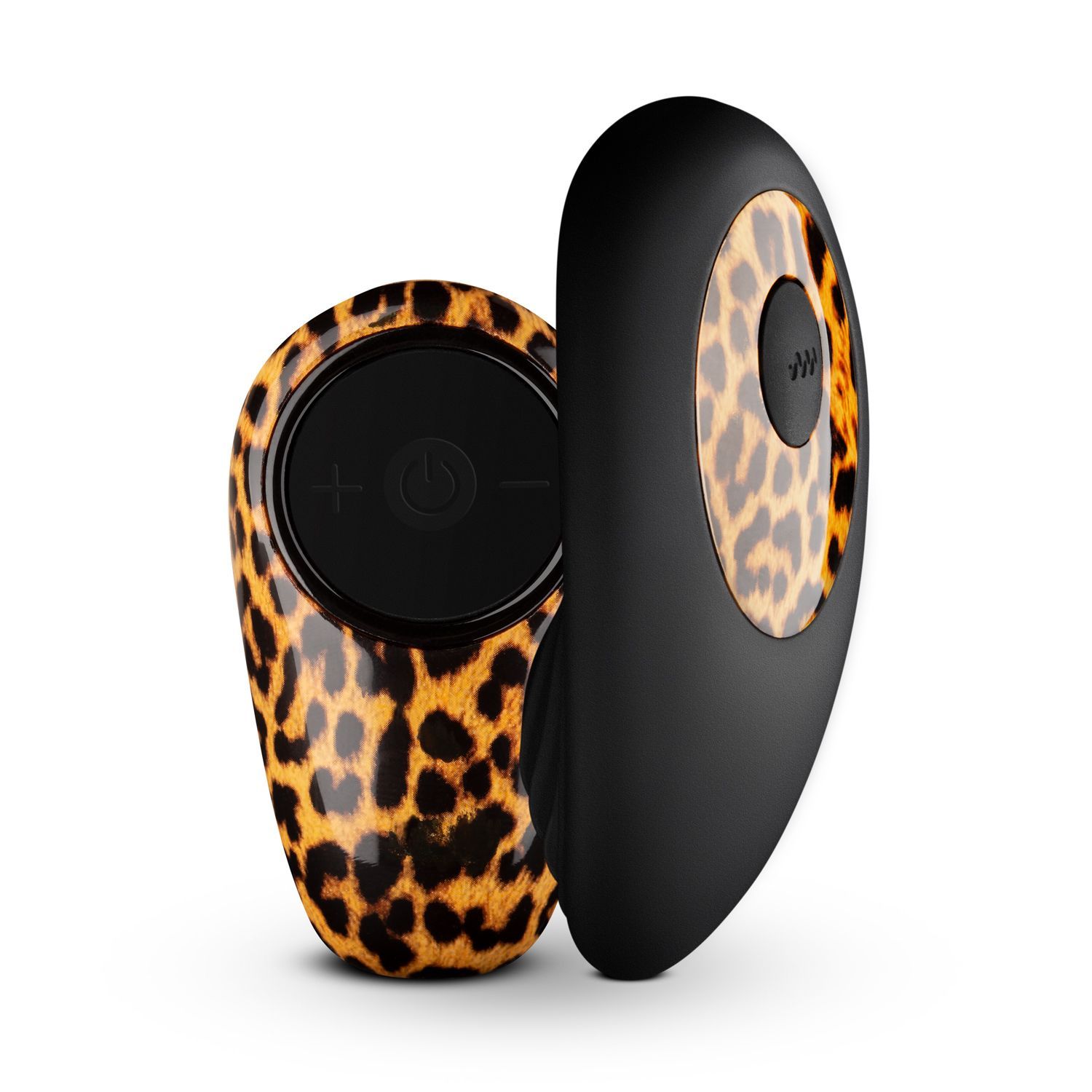 Vibrateur à motif léopard et manche noir. Panneau de commande avec boutons. Vue du produit.