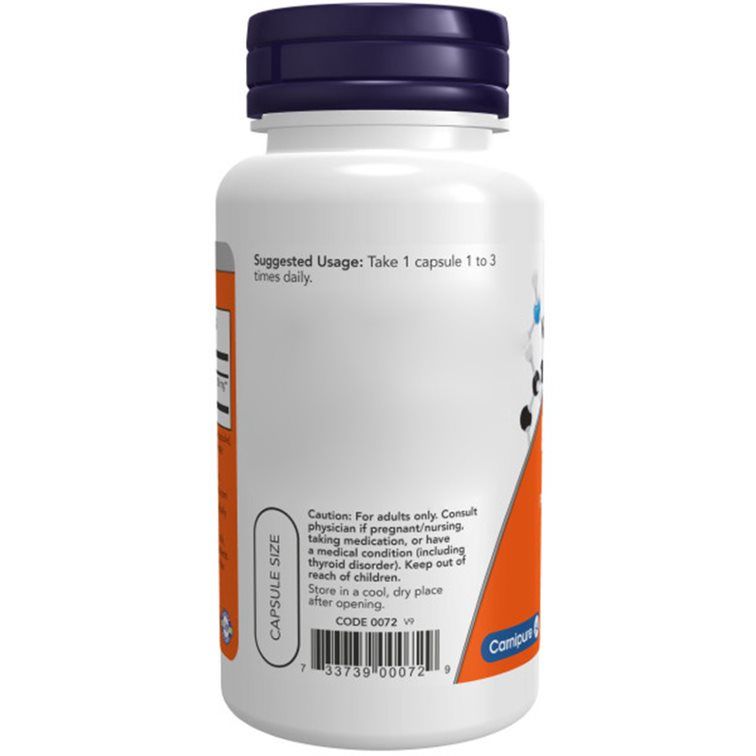 Witte supplementfles met blauwe dop. Opschrift: NOW FOODS. Bevat gebruiksinformatie en waarschuwingen.