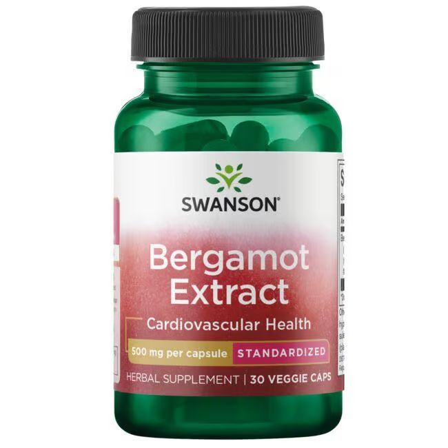 Flacon vert de Swanson Bergamote-Extrakt. Étiquette avec nom, dosage et informations. Bouchon noir.