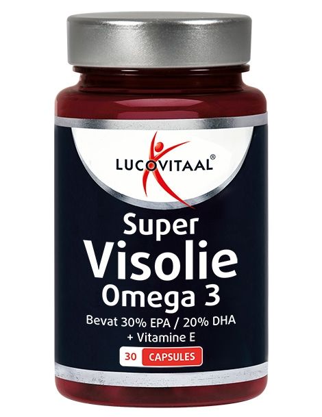 Rode fles met capsules. Opschrift: Lucovitaal Super Visolie Omega 3. Bevat 30 capsules.