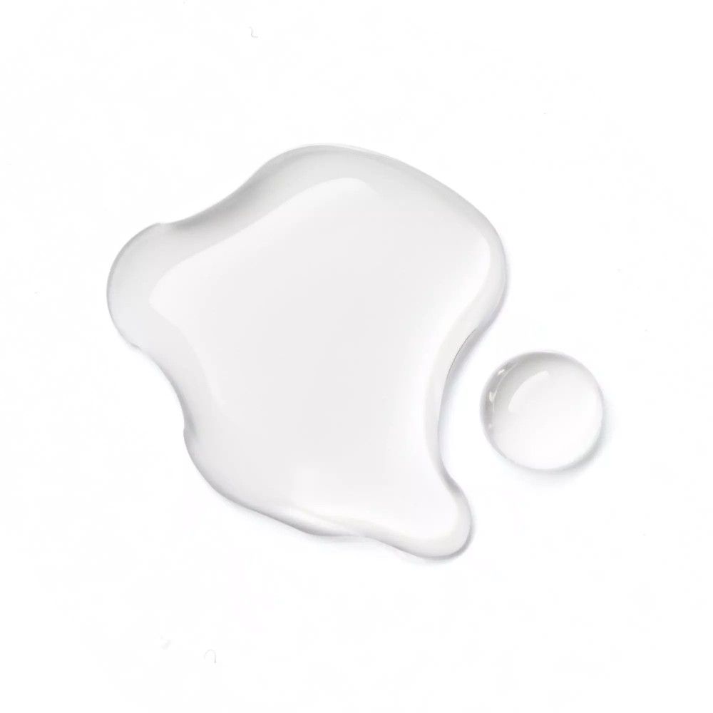 Goutte liquide claire et petite goutte sur fond blanc. Aucune information sur le produit visible.