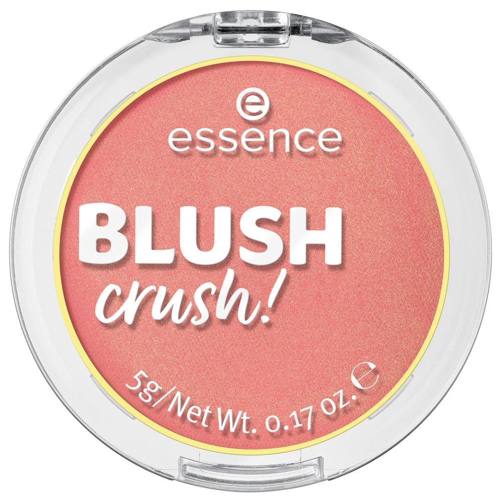 Roze blush in een transparante verpakking. Opschrift: essence, BLUSH crush!, 5g/Net Wt. 0.17 oz.