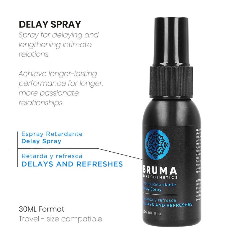 Bruma Delay and Refresh Spray, 30 ml. Spraydispenser voor intiem gebruik.