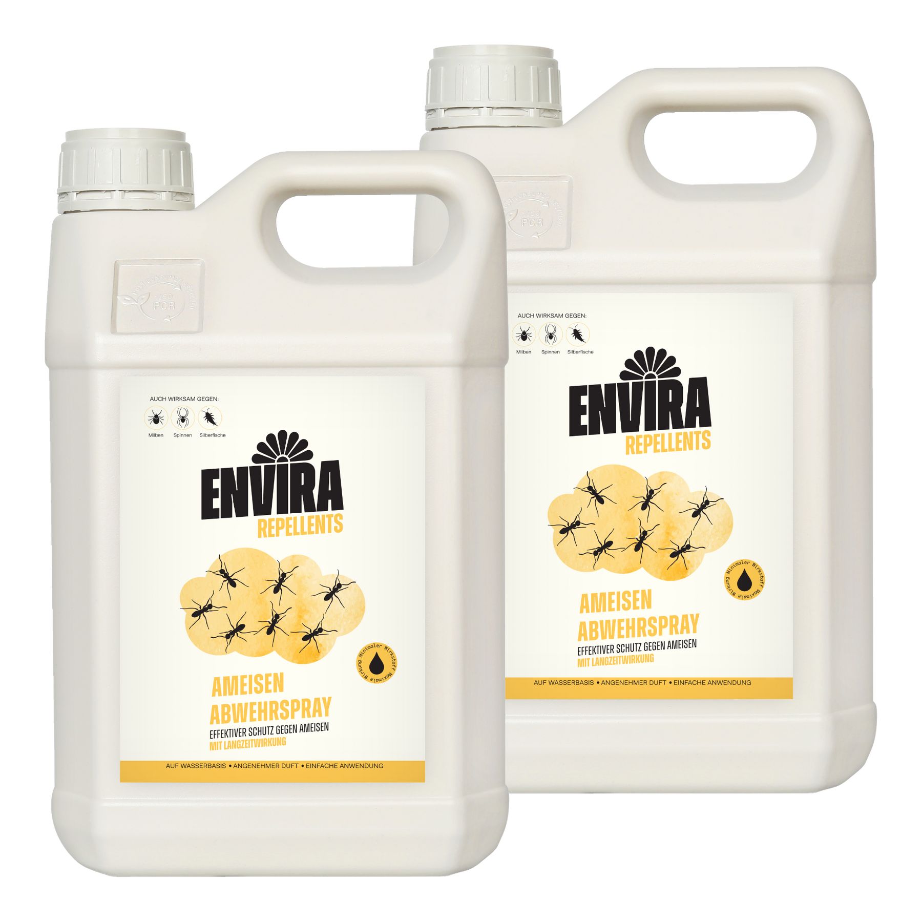 Deux bidons blancs avec poignées. Étiquettes "ENVIRA REPELLENTS" et "AMEISEN ABWEHRSPRAY".