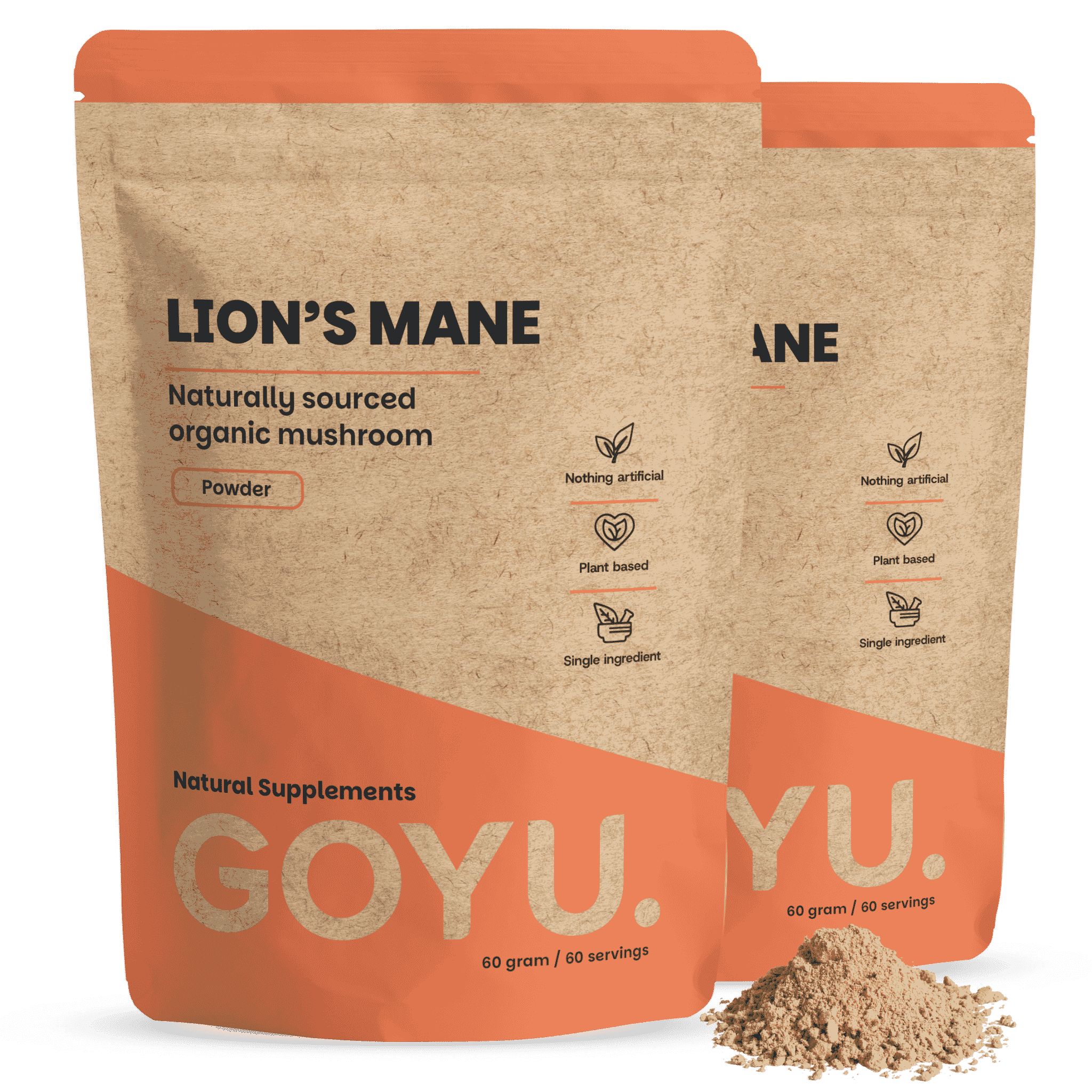 Deux paquets de poudre de Lion's Mane GOYU, champignon bio d'origine naturelle.
