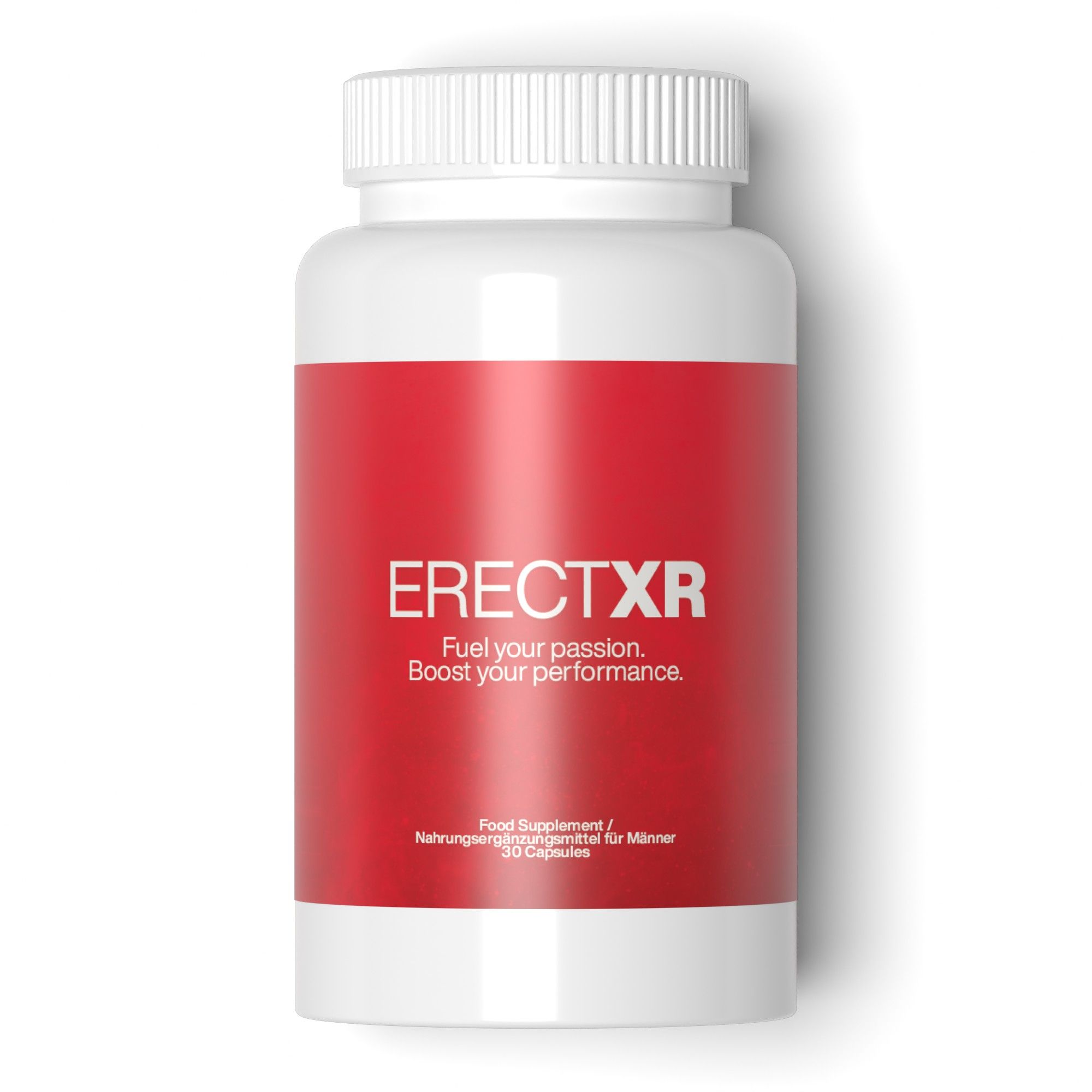 Witte fles met rood etiket. Opschrift: ERECTXR, Fuel your passion. Boost your performance. Voedingssupplement voor mannen.