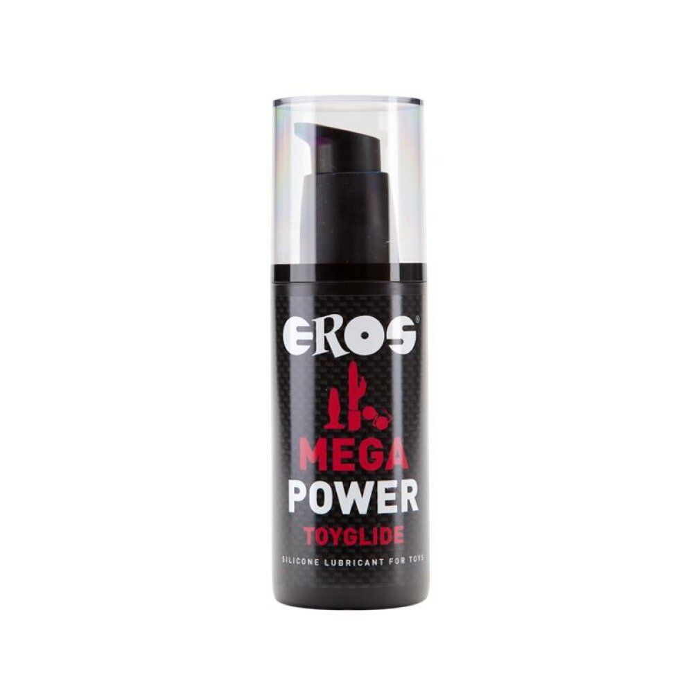 Flacon noir avec pompe et bouchon transparent. Inscription: EROS MEGA POWER TOYGLIDE. Lubrifiant silicone pour jouets.