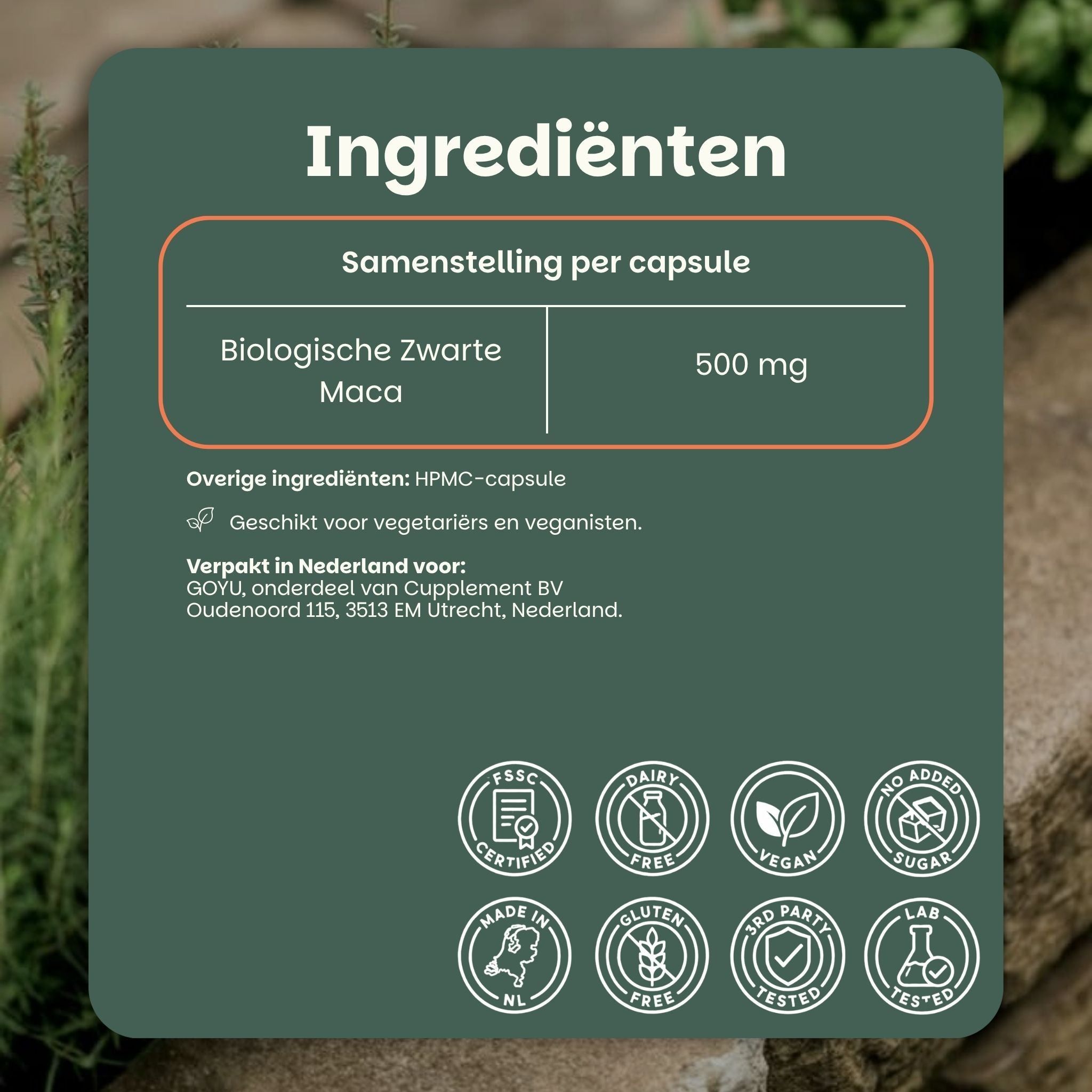 Schaal met zwarte maca wortels, met een lijst met productkenmerken zoals 100% biologisch en 500 mg per capsule.