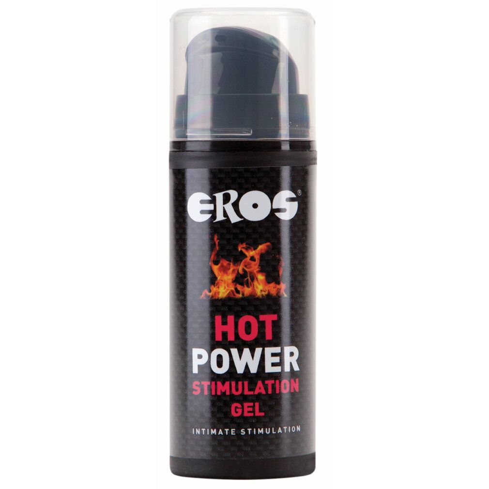 Flacon noir avec pompe doseuse. Inscription: EROS, HOT POWER STIMULATION GEL, Intimate Stimulation. Graphique de flammes.