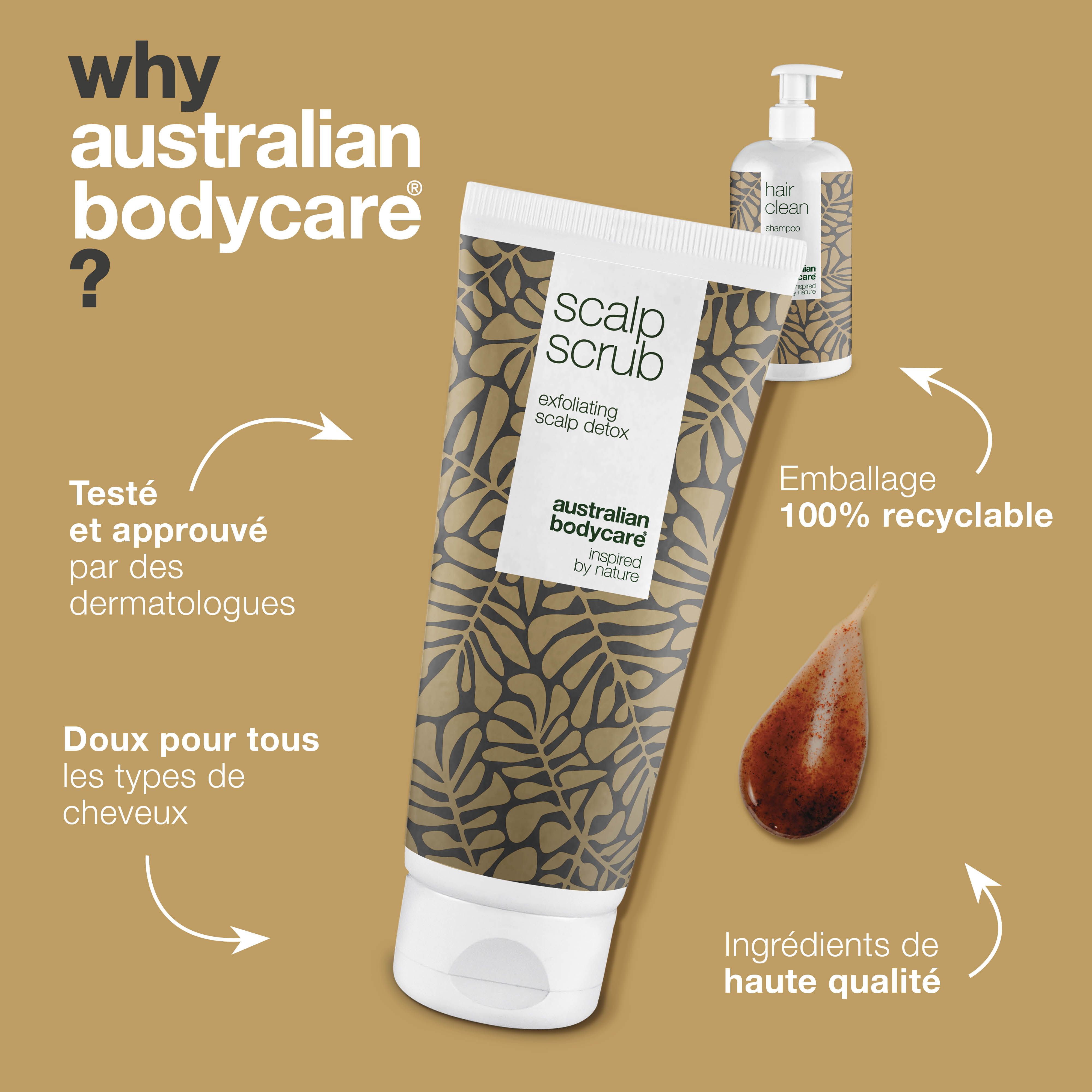 Tube de gommage et flacon de shampoing. Testé par des dermatologues. Emballage 100% recyclable. Marque : Australian Bodycare.