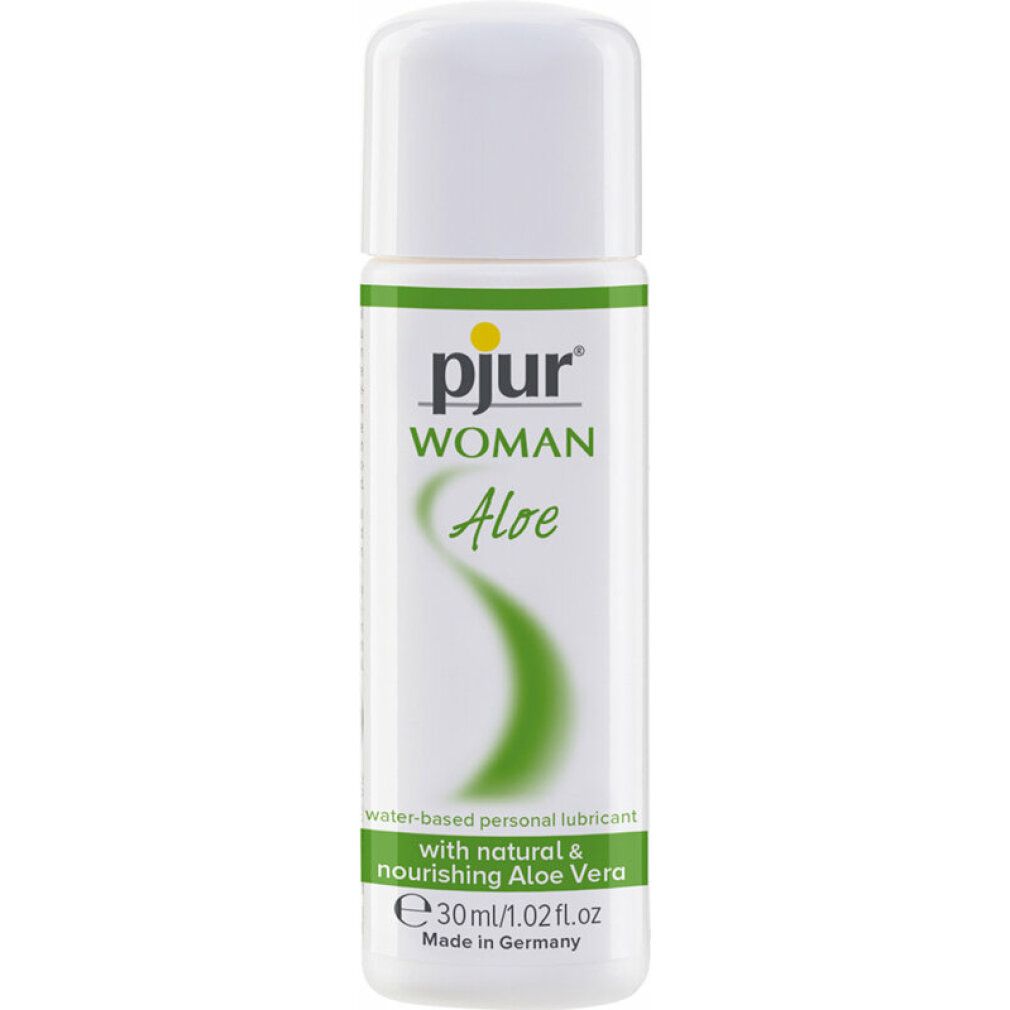 Witte fles met groen etiket. Opschrift: pjur WOMAN Aloe. Bevat 30ml/1.02 fl.oz. Glijmiddel op waterbasis.