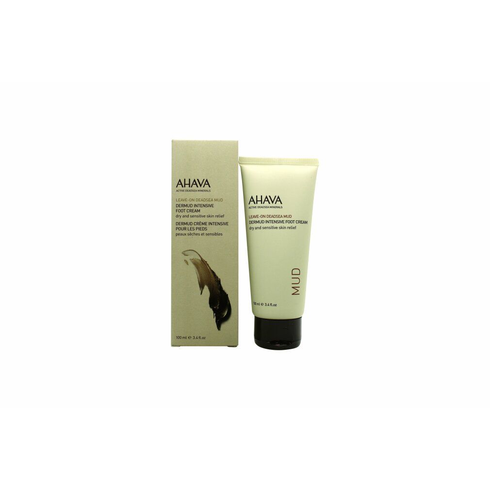 Tube et boîte de crème. Le tube porte AHAVA, LEAVE-ON DEADSEA MUD, Dermud Intensive Foot Cream. La boîte porte AHAVA.