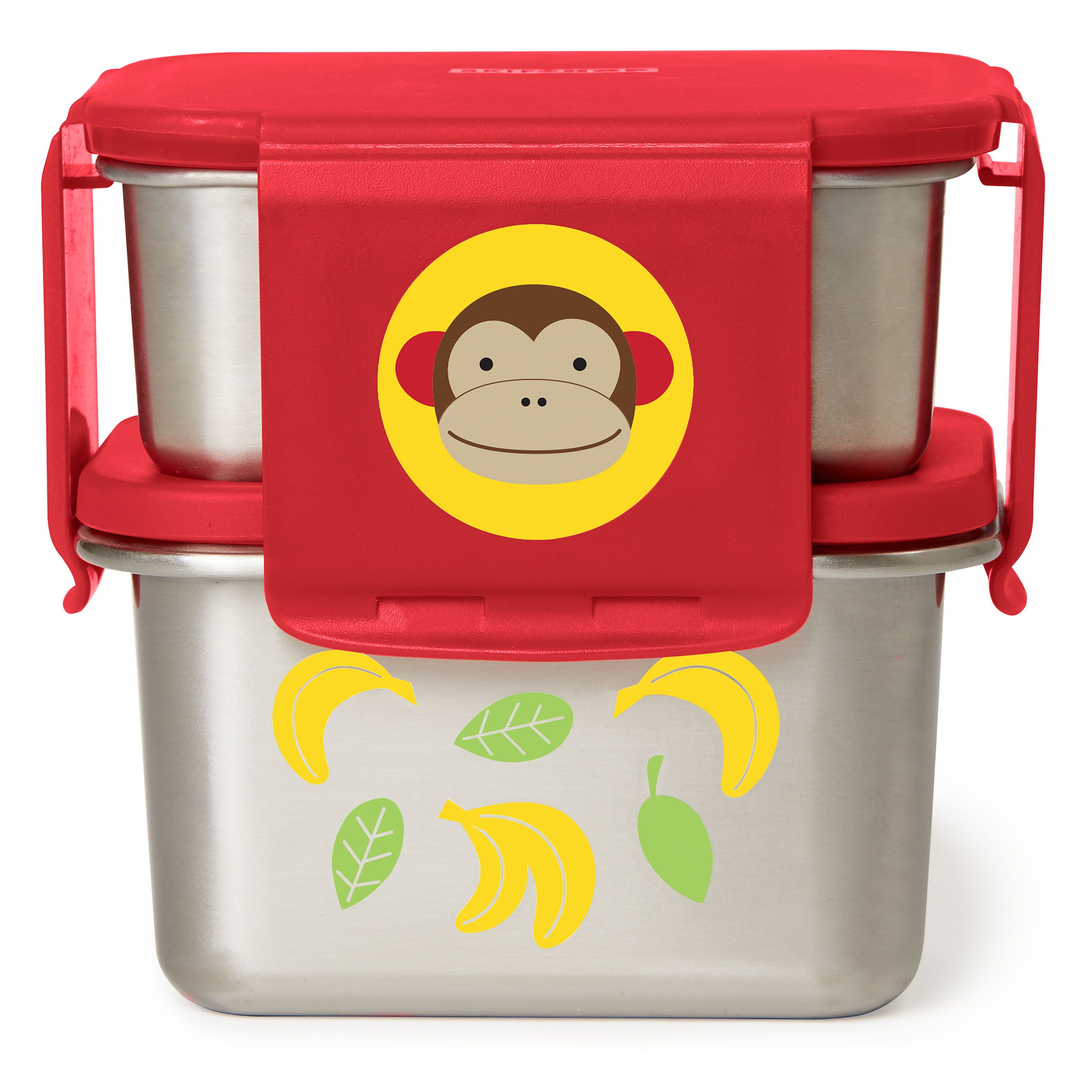 Roestvrijstalen lunchset met rode deksel. Apenlogo en bananen decoratie. Twee bakjes. Gesloten.