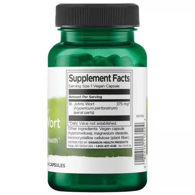 Dos du flacon vert. Inscription: Supplement Facts, Millepertuis 375 mg, gélule végétalienne.