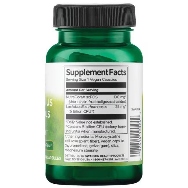 Dos du flacon vert de gélules. Inscription: Supplement Facts. Contient Lactobacillus Rhamnosus, 25 mg.