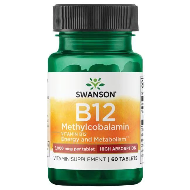 Flacon vert avec bouchon noir. Inscription: SWANSON B12 Methylcobalamin, 5 000 mcg par comprimé, 60 comprimés.