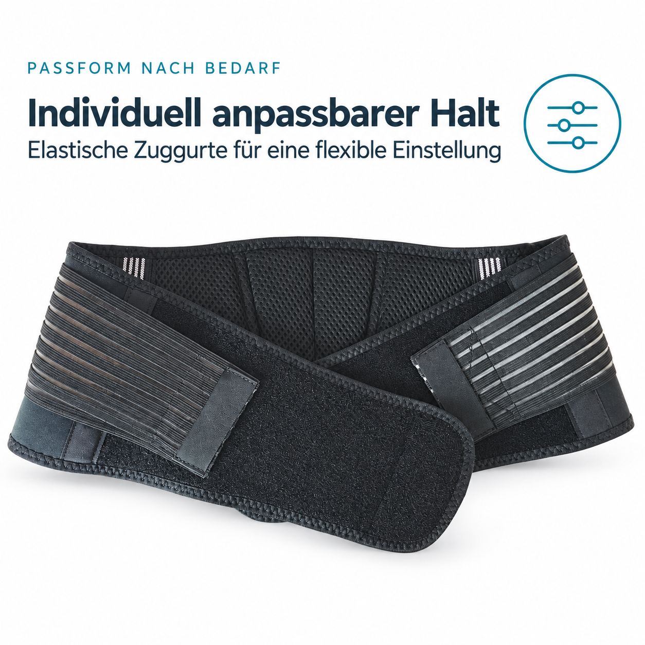 Ceinture lombaire noire avec sangles élastiques pour une compression et un soutien personnalisés.