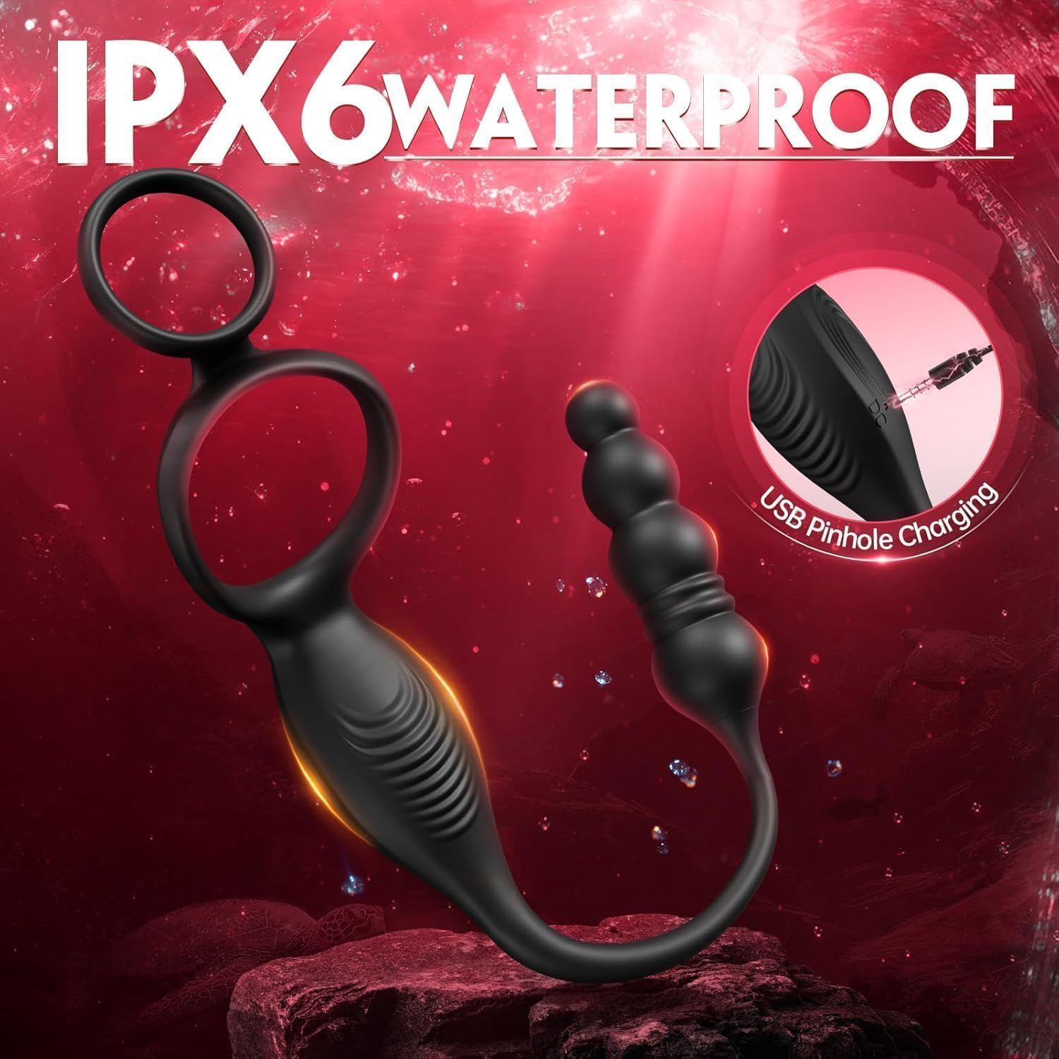 Stimulateur noir, étanche IPX6, avec port de charge USB. Design ergonomique.