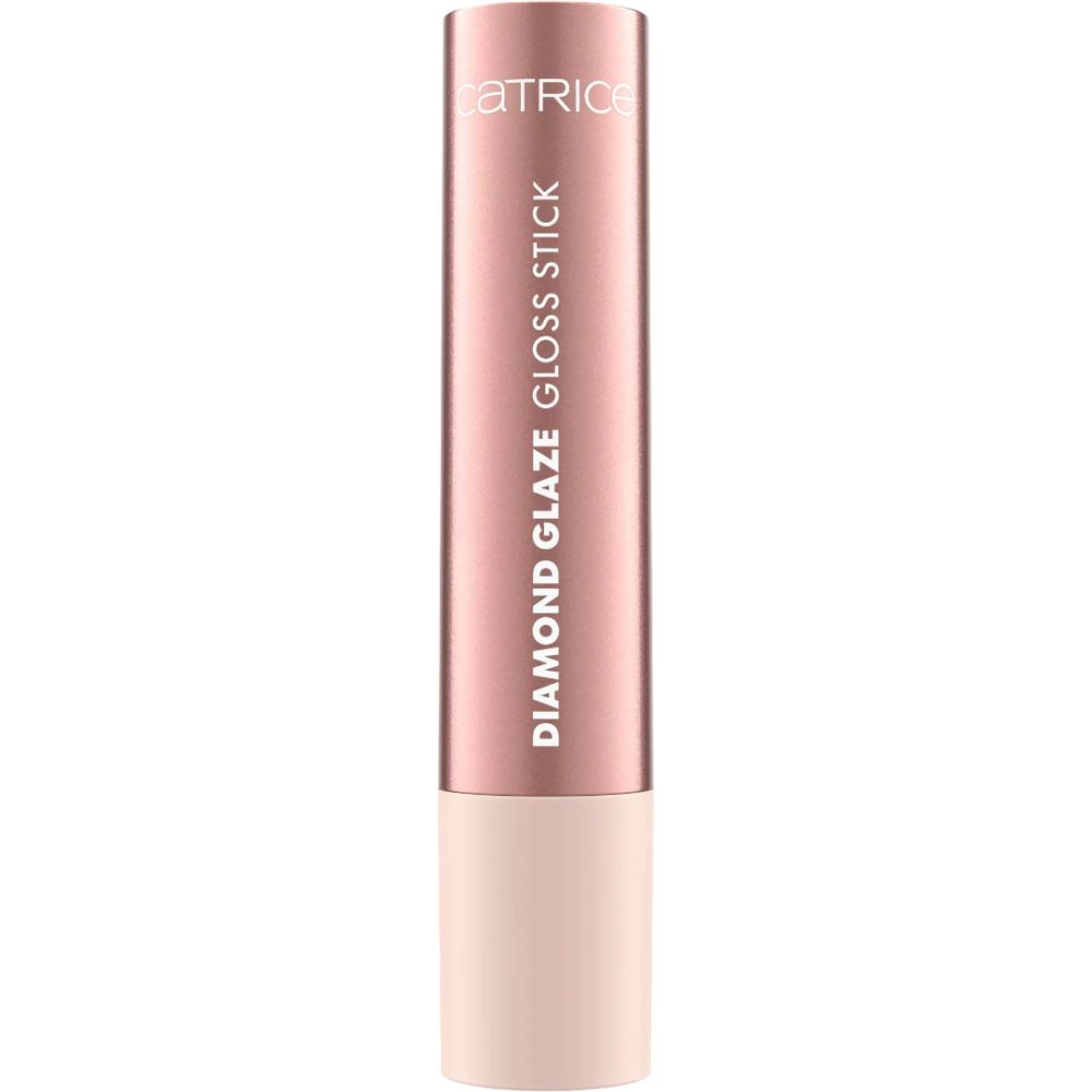 Gesloten lipgloss-stick. Roze huls met de tekst "CATRICE DIAMOND GLAZE GLOSS STICK".