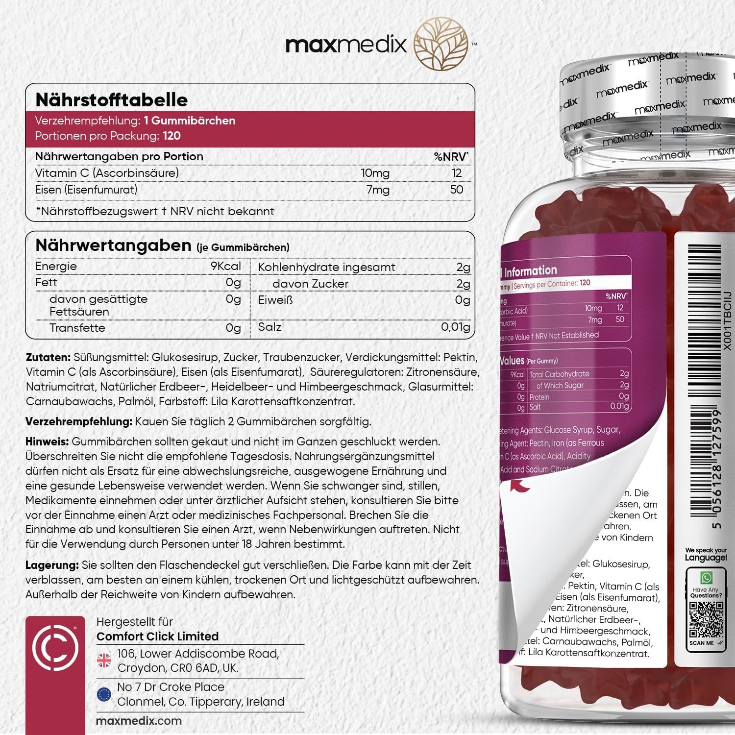 Voedingstabel. 1 gummy: 10mg Vitamine C, 7mg IJzer. Ingrediënten: glucosestroop, suiker, etc. Vervaardigd voor Comfort Click.
