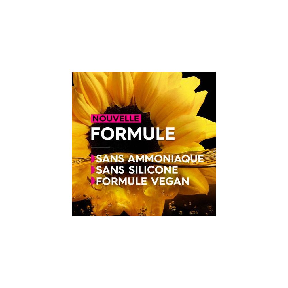 Close-up van een zonnebloem. Tekst: Nieuwe formule, zonder ammoniak, zonder siliconen, veganistische formule.