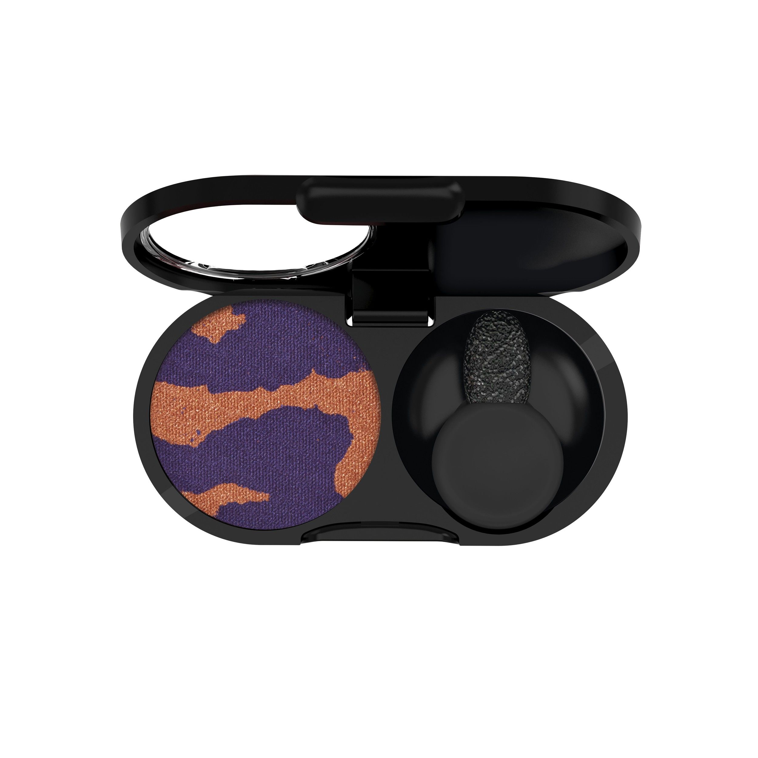 Compact oogschaduw met paarse en koperkleurige tinten, inclusief applicator.