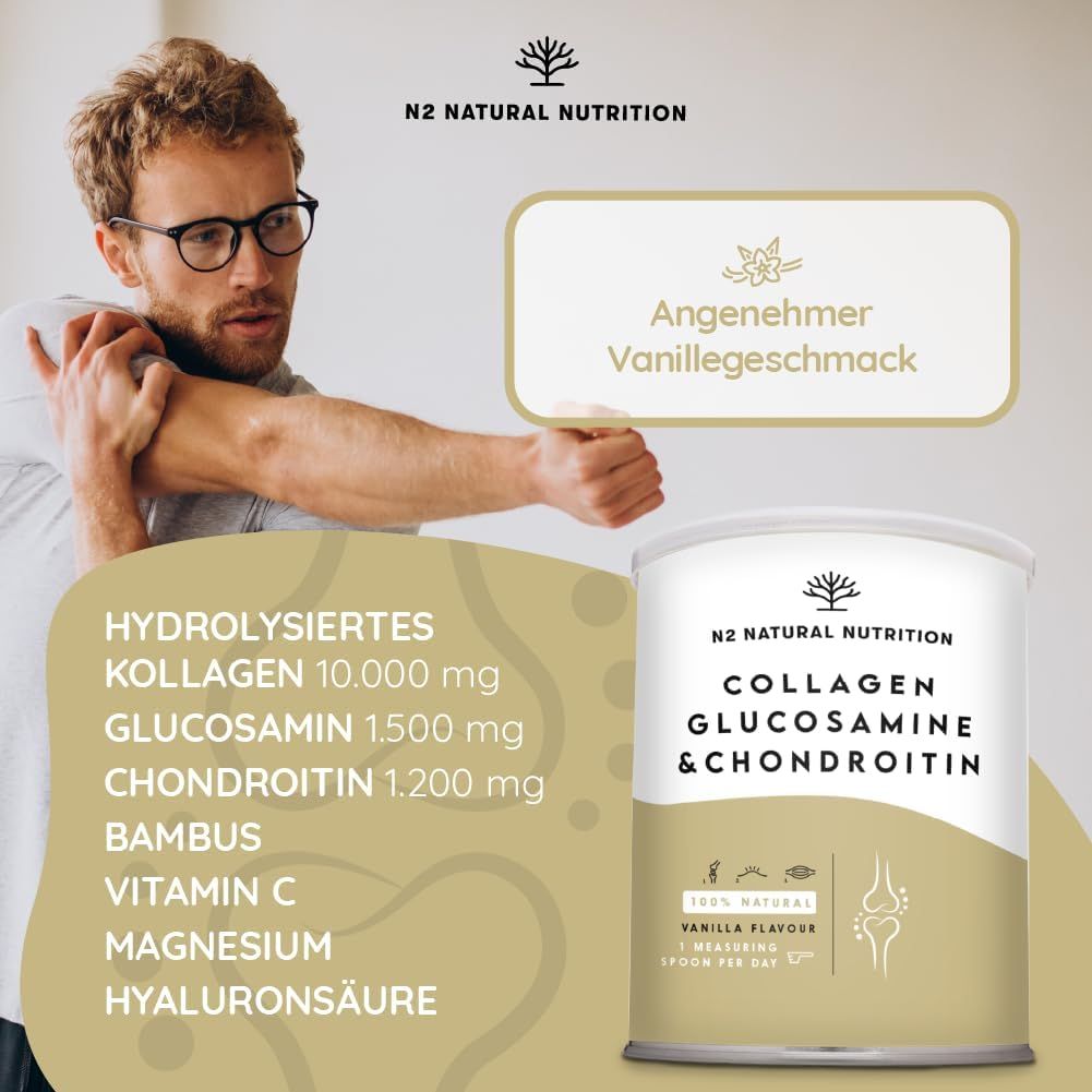 Homme avec boîte N2 Natural Nutrition Collagen Glucosamine & Chondroitin. Texte: Collagène hydrolysé, glucosamine, chondroïtine.