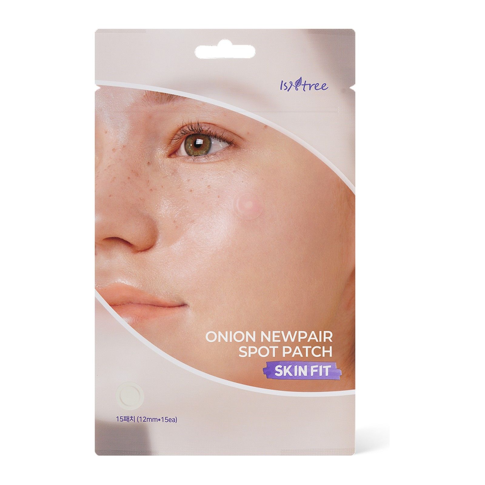 ISNTREE Onion Newpair Spot Patch verpakking met close-up van een gezicht.