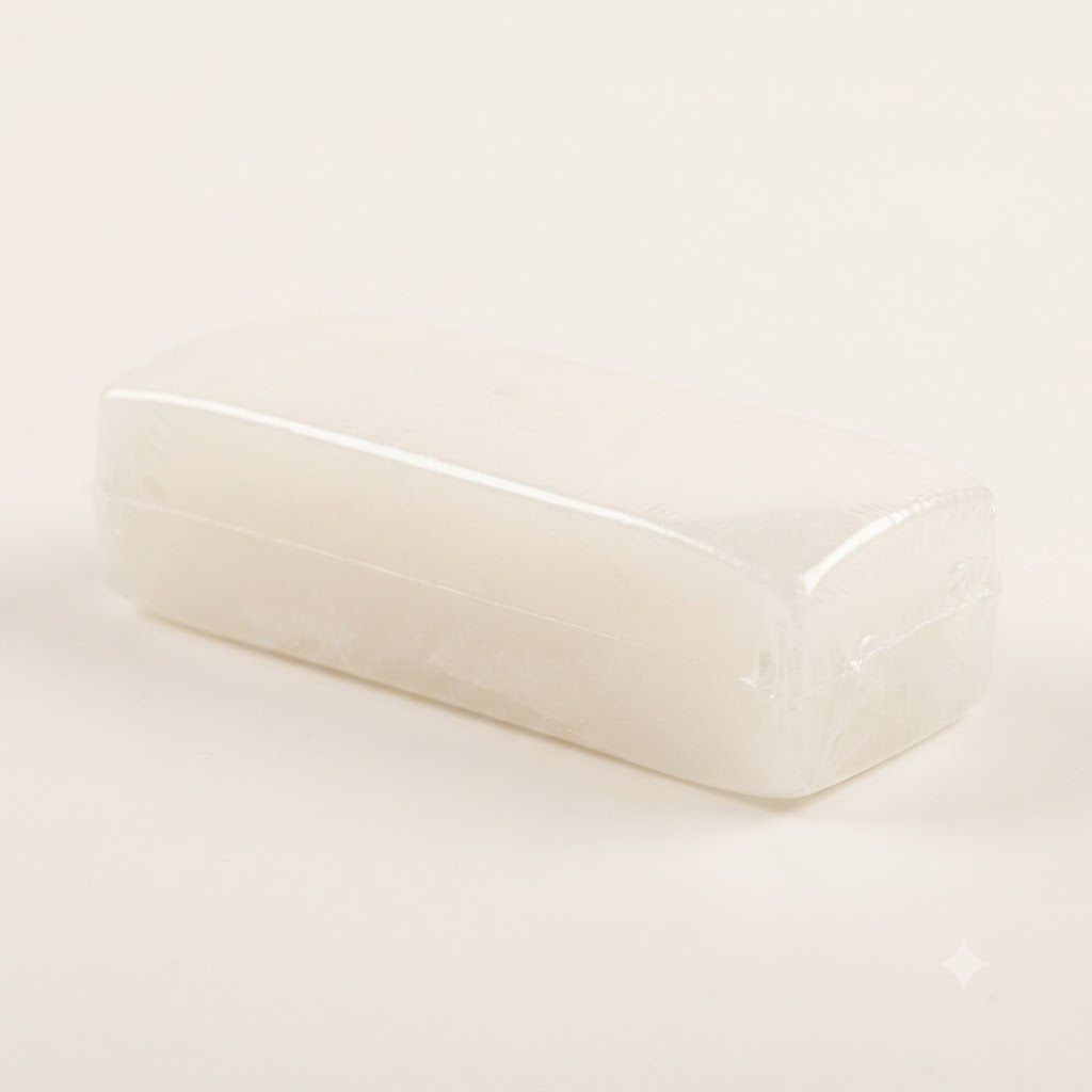 Savon blanc rectangulaire emballé dans du plastique transparent.