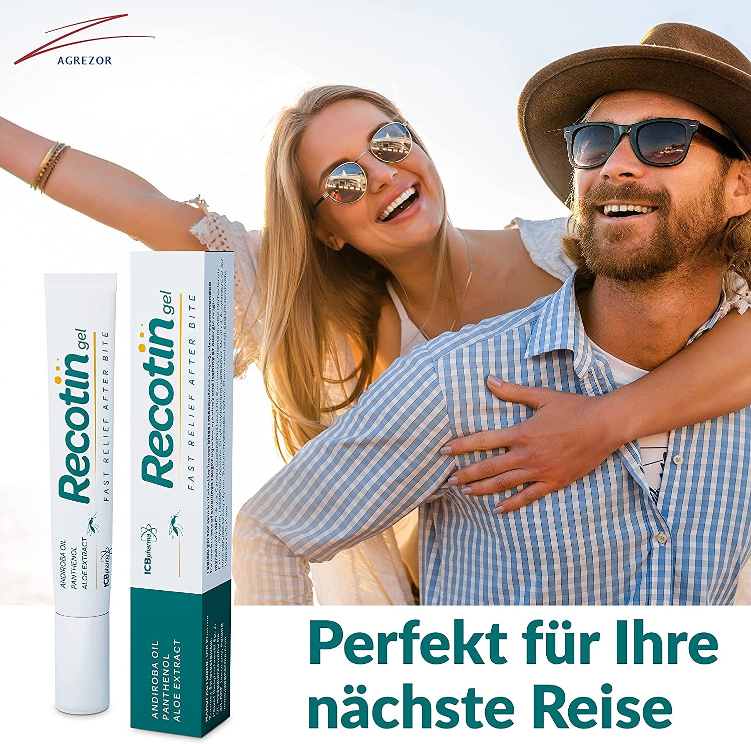Koppel omhelst elkaar. Achtergrond: zon. Links: gel tube. Rechts: verpakking. Opschrift: Recotin. Tekst: Perfect voor uw volgende reis.