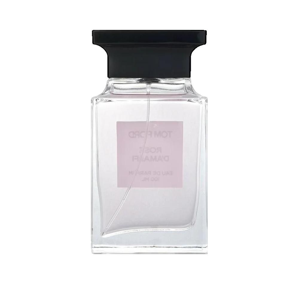 Parfumfles. Zwarte dop, rechthoekige fles met wit etiket. "Tom Ford Rose D'Amalfi".