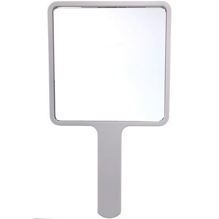 Miroir à main carré blanc avec manche.