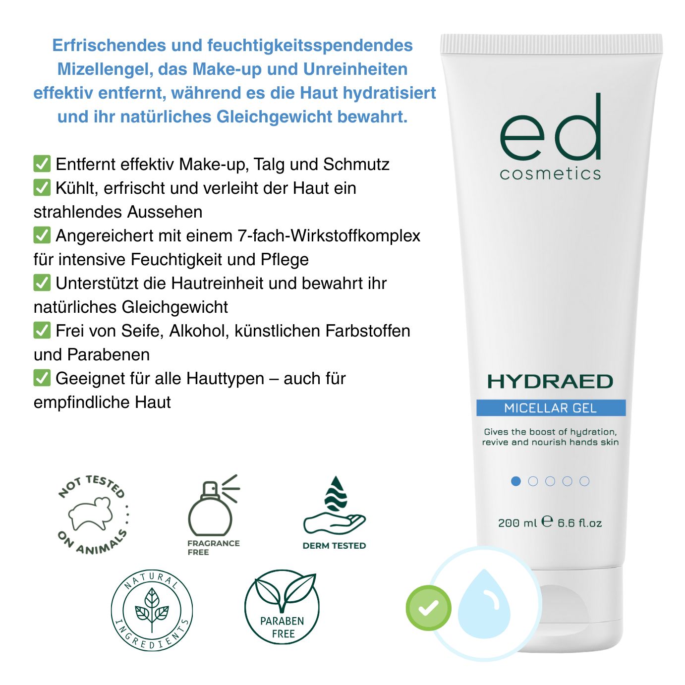 Tube blanche avec logo "ed cosmetics" vert. "HYDRAED MICELLAR GEL" et bande bleue. Éléments de texte et logos supplémentaires.