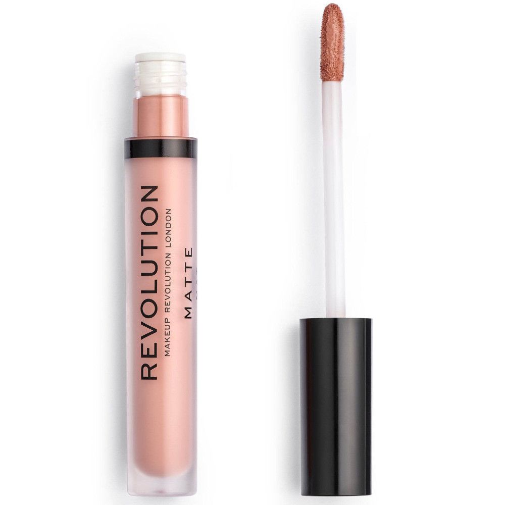 Tube de gloss ouvert avec applicateur. Inscription: REVOLUTION MAKEUP REVOLUTION LONDON MATTE. Teinte nude.