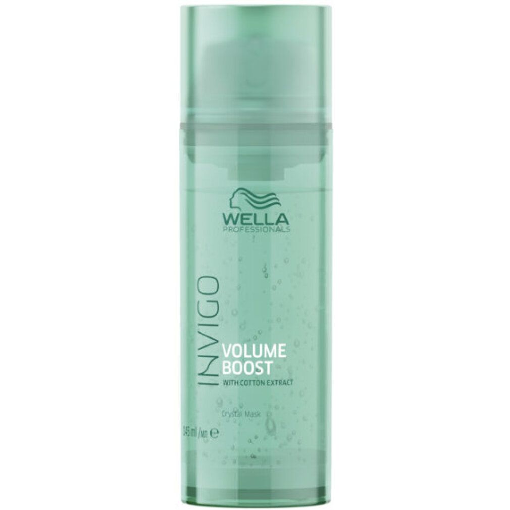 Flacon vert avec texte "INVIGO" et "VOLUME BOOST". Logo "Wella Professionals". Liquide transparent visible.