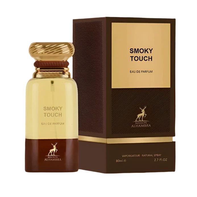 Donkergrijs parfumflesje met opvallend design en gouden element.
