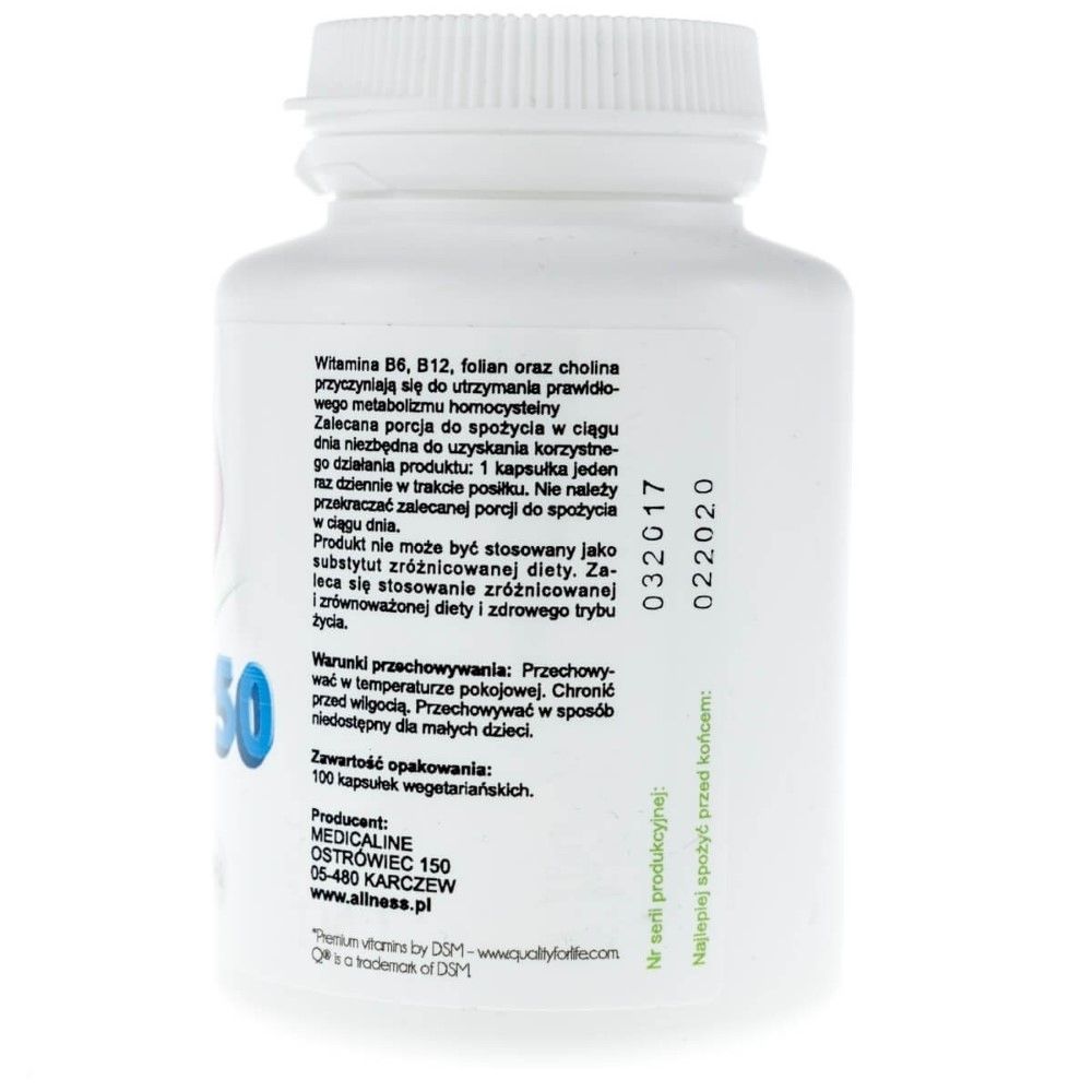 Aliness Vitamine B-Complex B-50: Achterkant van de container met informatie over ingrediënten en opslag.