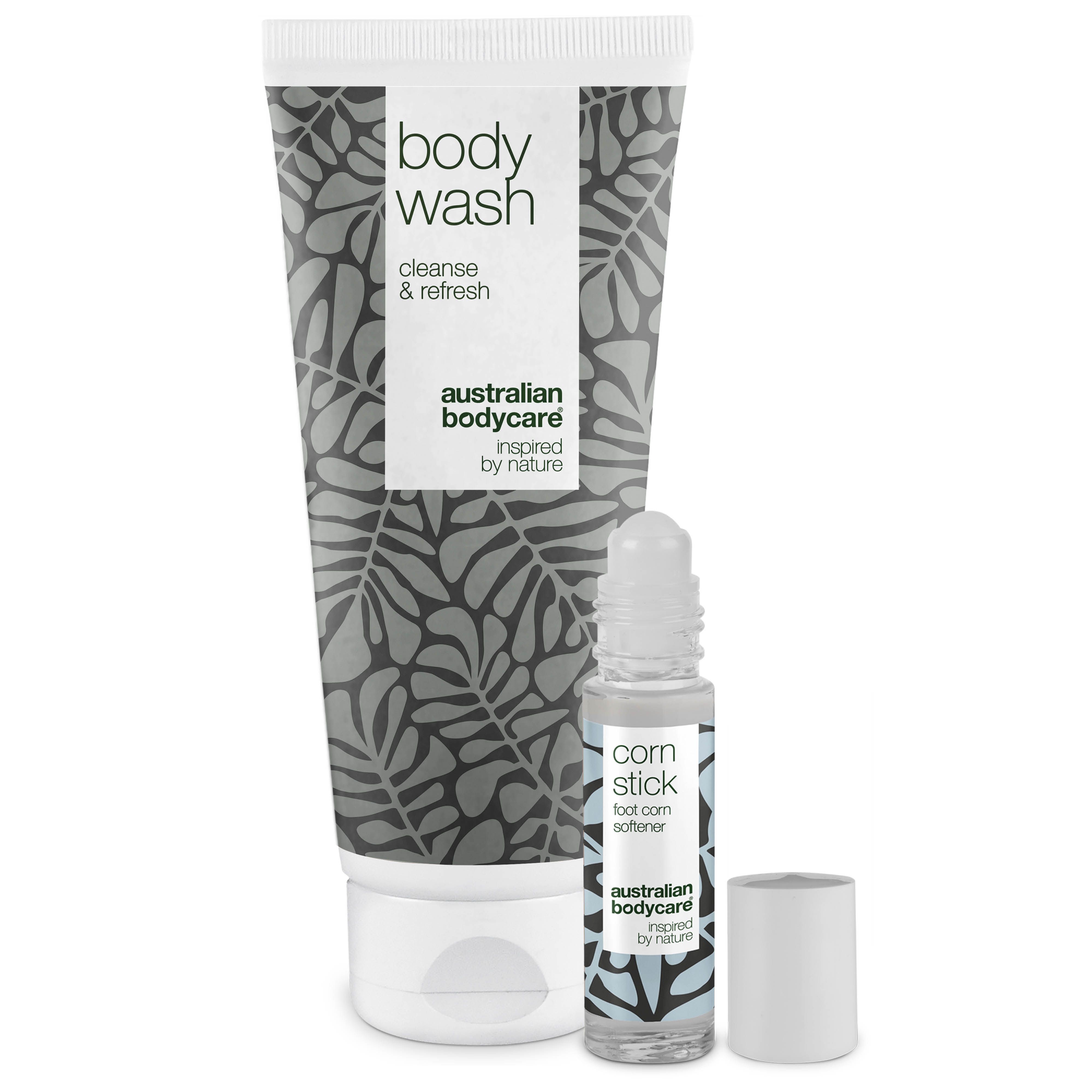 Tube et flacon roll-on. Inscriptions : Body Wash, Corn Stick. Marque : Australian Bodycare.