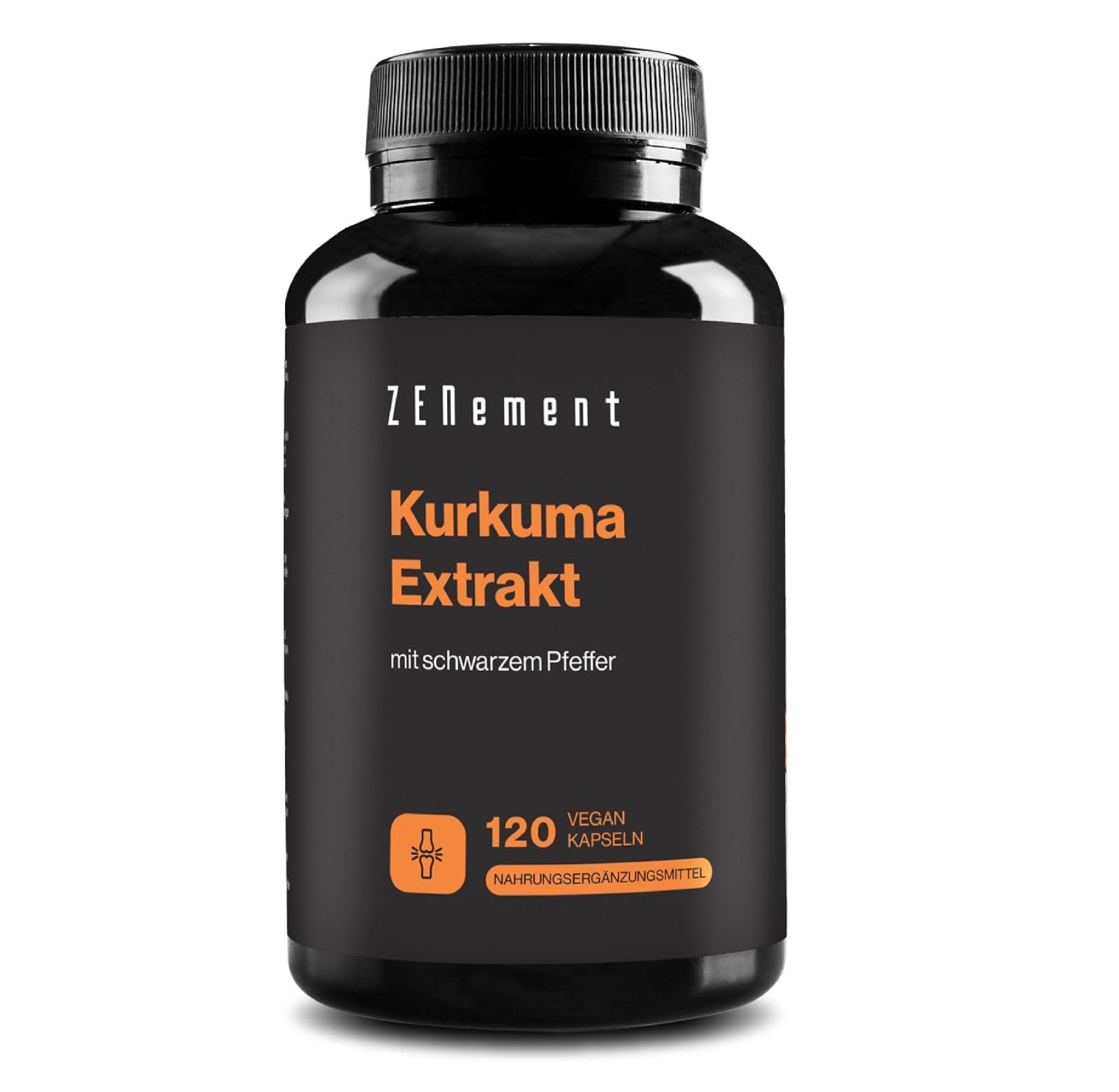 Une bouteille noire d'extrait de curcuma Zenement avec poivre noir, 120 gélules végétaliennes.